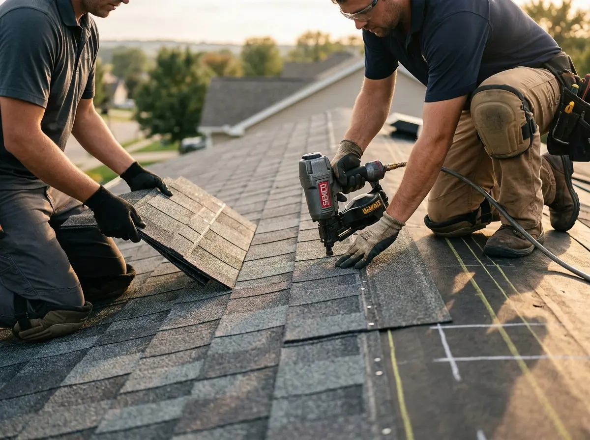 Professional roofer working on a residential roof in Lee